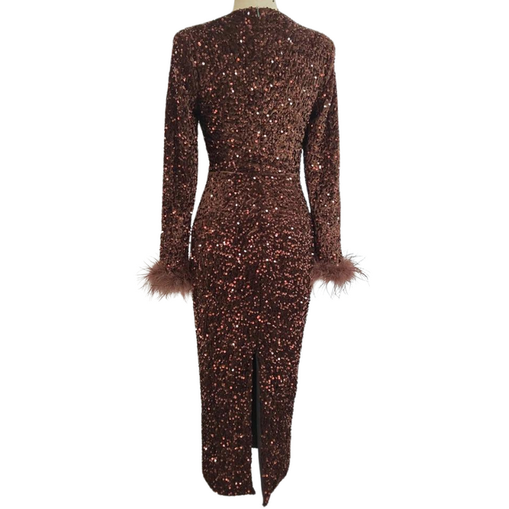 Robe Paillette Manches Plumes marron