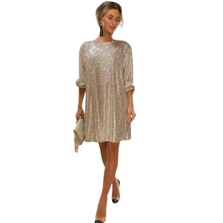 Robe de Soirée à Paillettes  Avec Ceinture beige