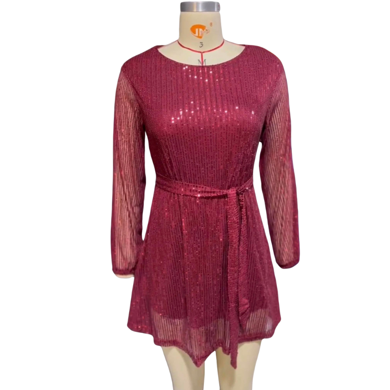 Robe de Soirée à Paillettes  Avec Ceinture bordeaux