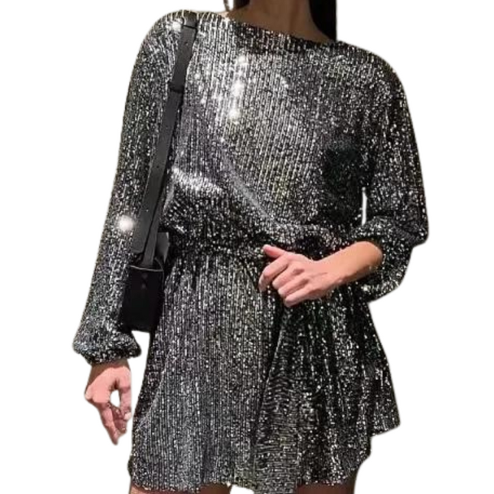 Robe de Soirée à Paillettes  Avec Ceinture gris