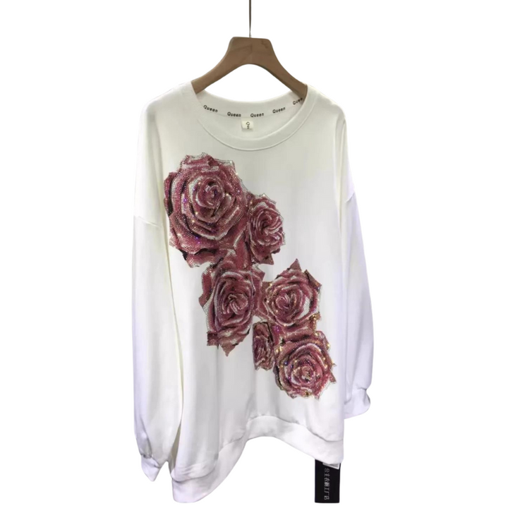 Pull blanc Strass Fleurs Rose