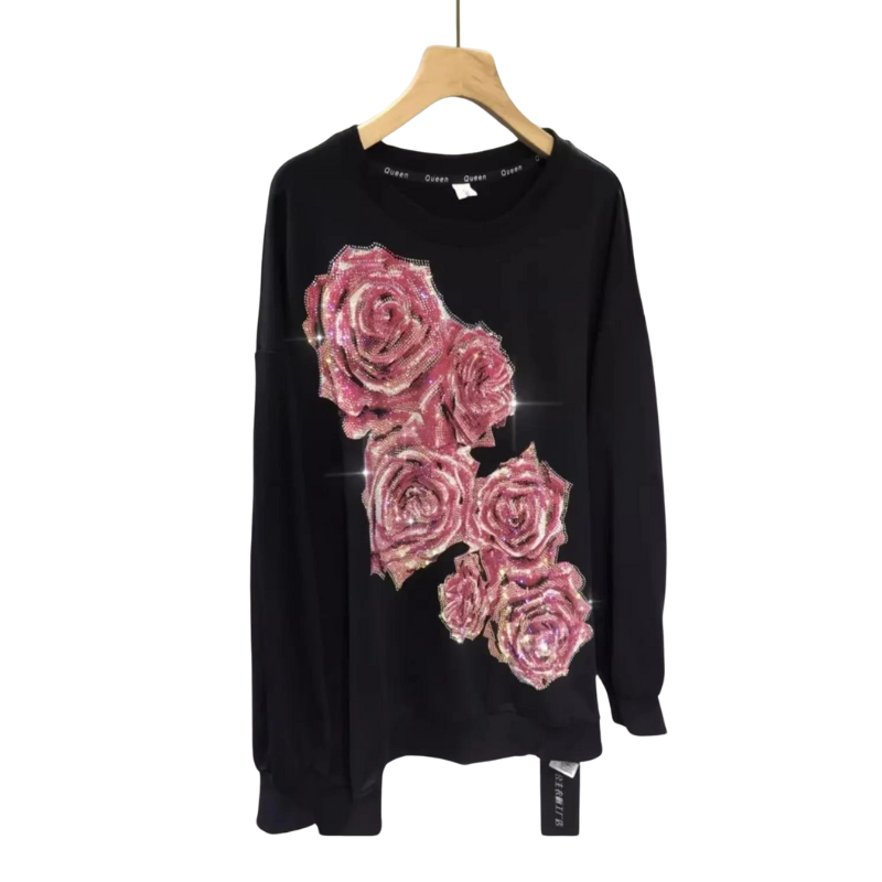 Pull noir Strass Fleurs Rose