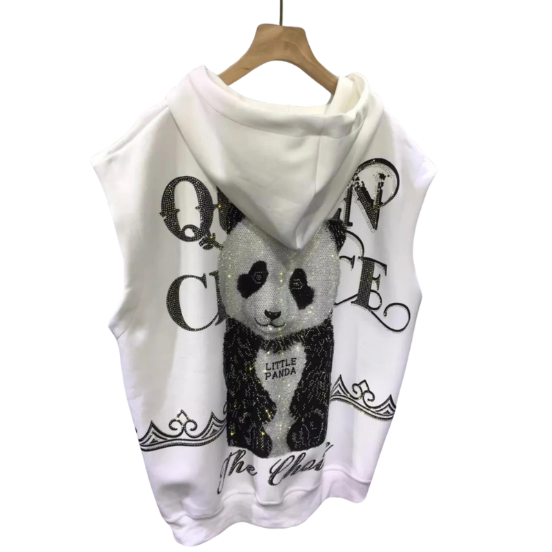 Sweat blanc Strass Sans Manches Panda Femme