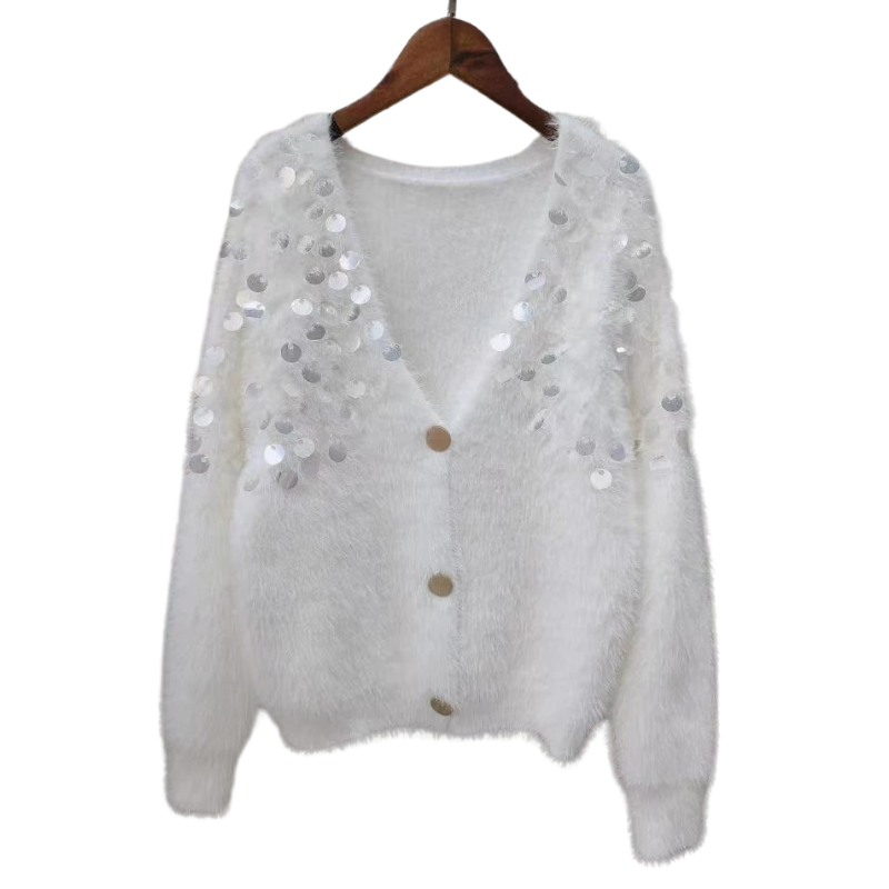 Cardigan blanc Grosse Paillette Femme 