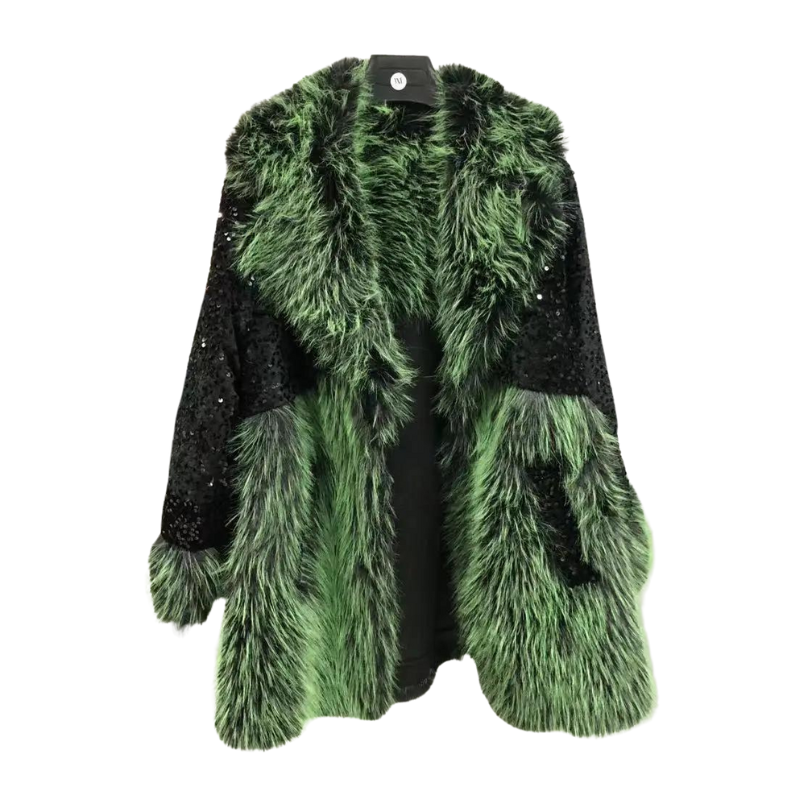 Manteau Paillette Vert Noir Fausse Fourrure