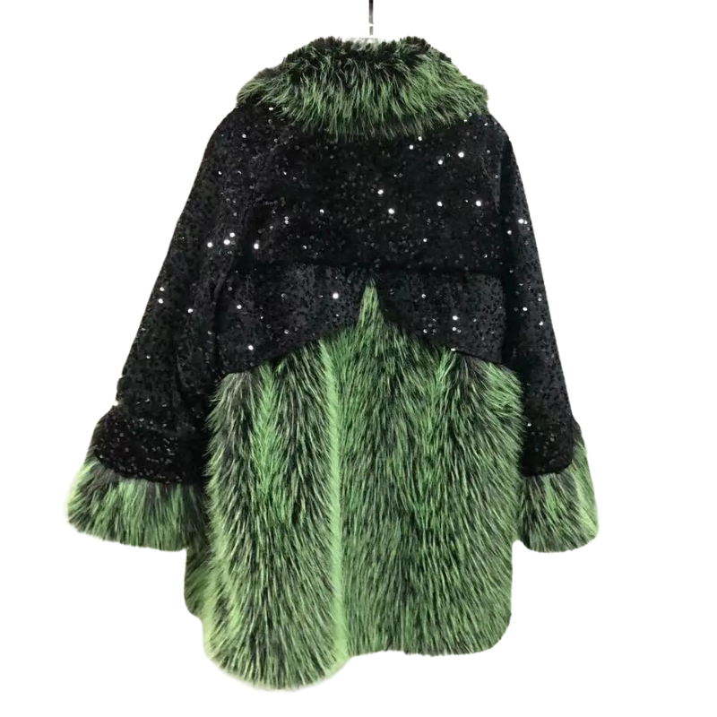 Manteau Paillette Vert Noir Fausse Fourrure