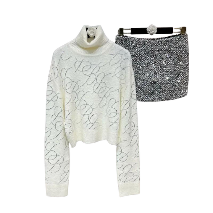 Ensemble Jupe et Pull Col Roulé Paillette Strass