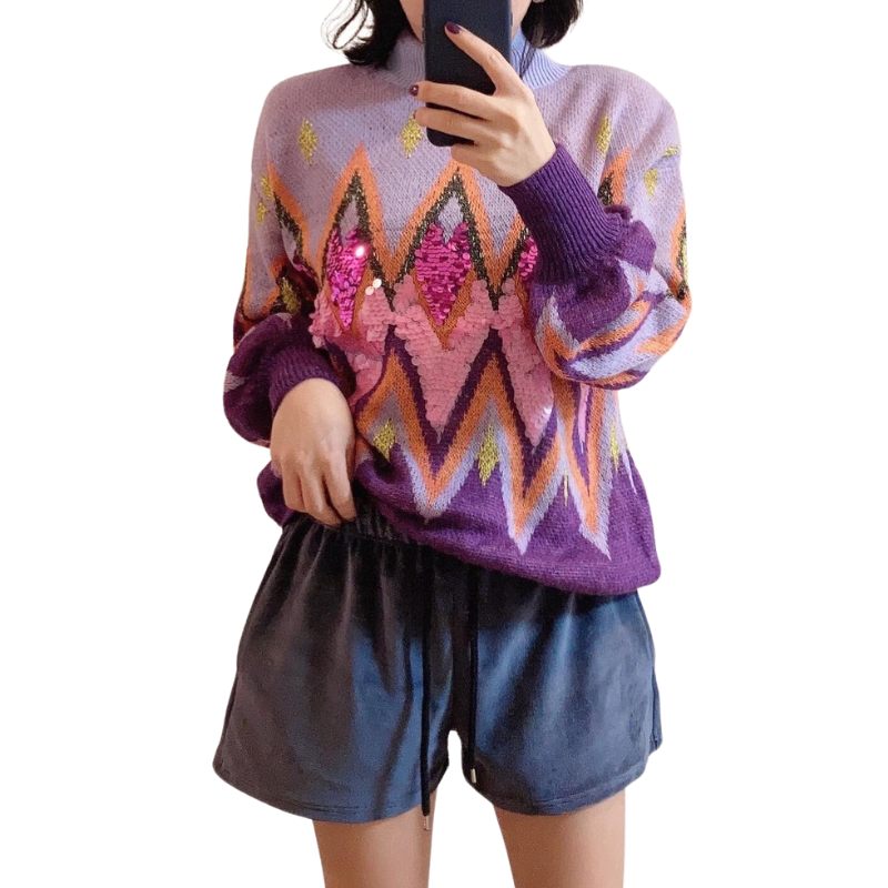 Pull Moda International Col Vachette Violet Avec Strass - Taille S, Occasion Très Bon état, Manches Longues