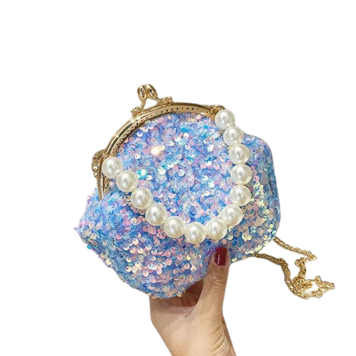 Petit Sac Paillettes Perles Fermoir Porte Monnaie Bleu