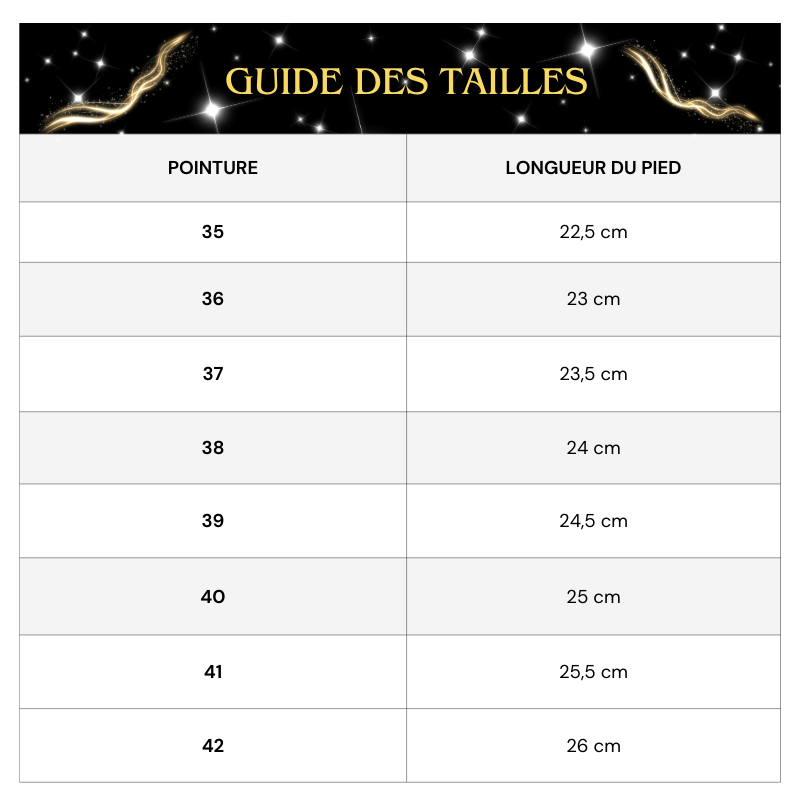 Guide des tailles Bottine Argenté Talon Carré