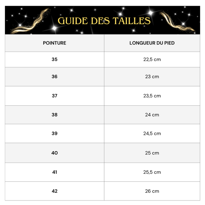 Guide des tailles Bottine Argenté Talon Carré