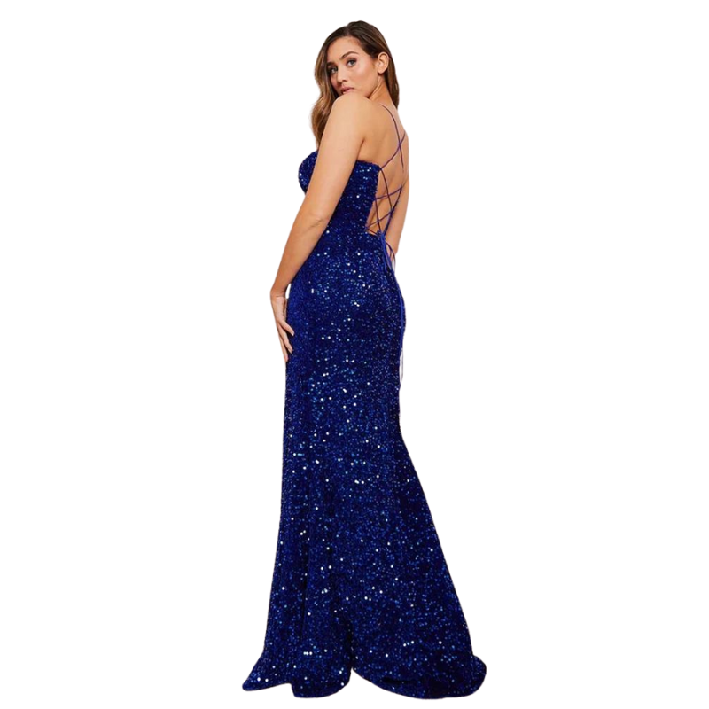 Robe Bleu à Paillettes Fendue Bretelles