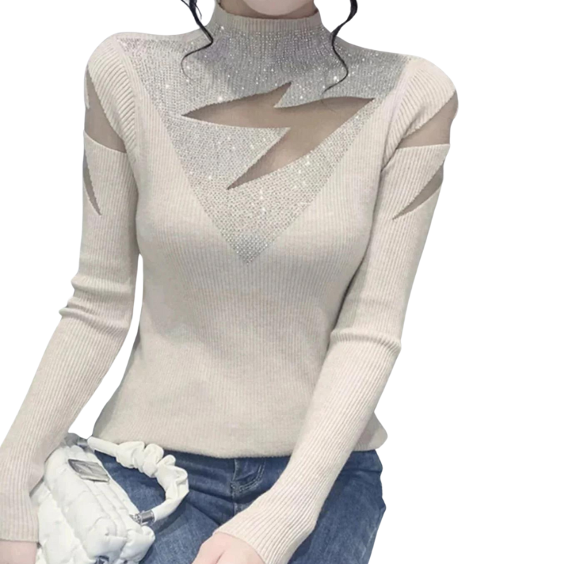 Pull Strass Col Roulé Eclair blanc