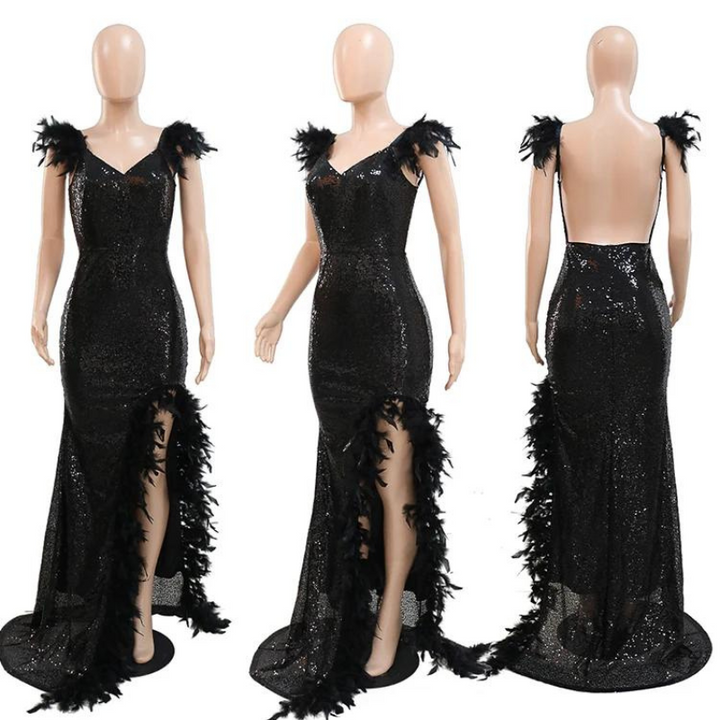 Robe Longue Noir Paillette Fendue Plumes Dos Nu