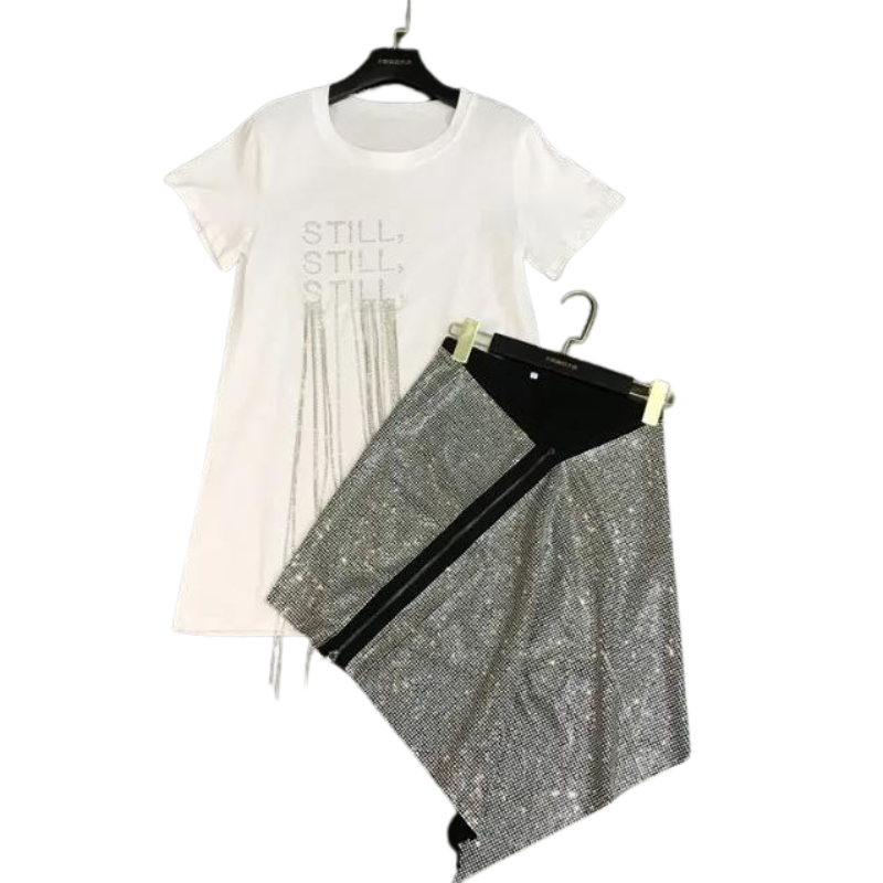 Ensemble T Shirt Blanc  et Jupe Strass