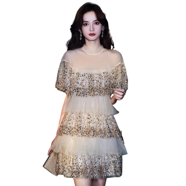 Robe Paillette Beige Plissee Mousseline Strass Paillettes Strass Paillettes