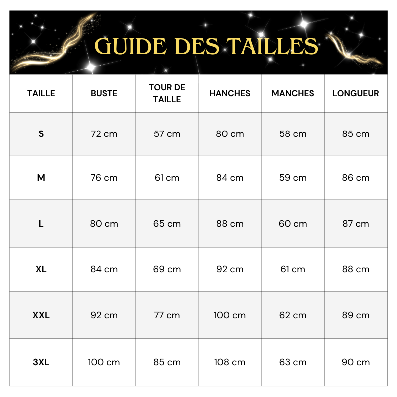 Tableau Tailles Robe Soirée Strass et Paillette