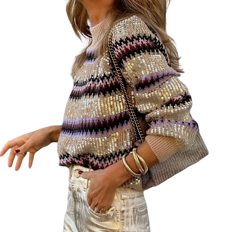 Pull Pailleté Femme Rayé Marron