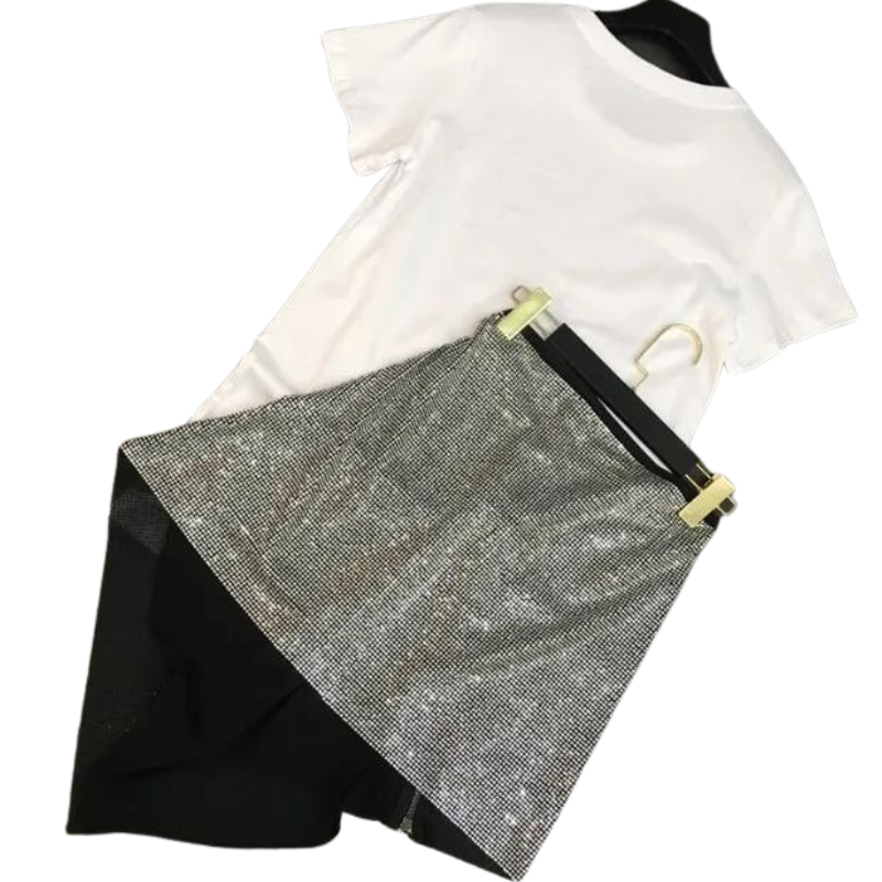 Ensemble T Shirt Blanc et Jupe Strass