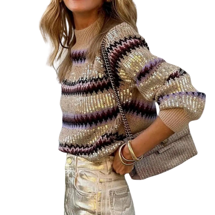 Pull Pailleté Femme Rayé Marron
