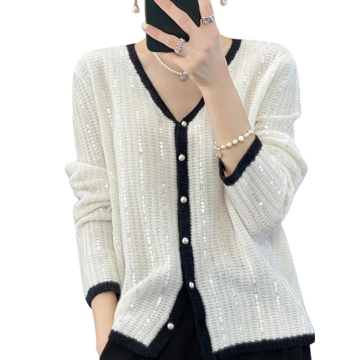 Cardigan Blanc Noir Paillette Léger Femme