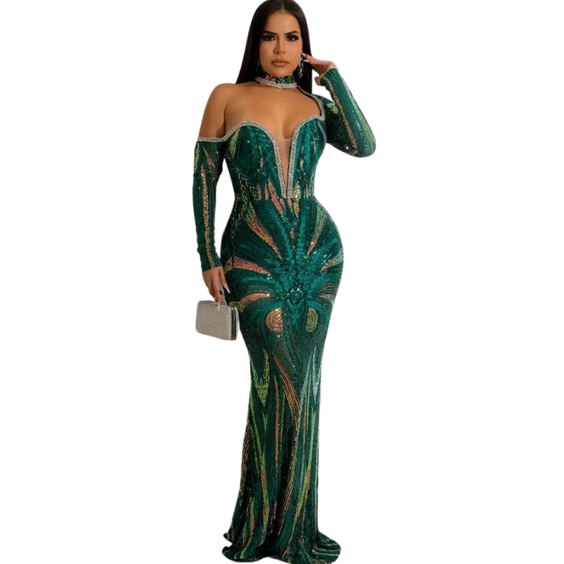 Robe Vert Soirée Strass et Paillette