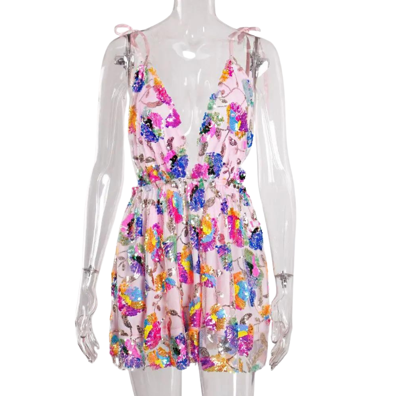 Robe Blanc Paillette Fleurs Colorées Dos Nu