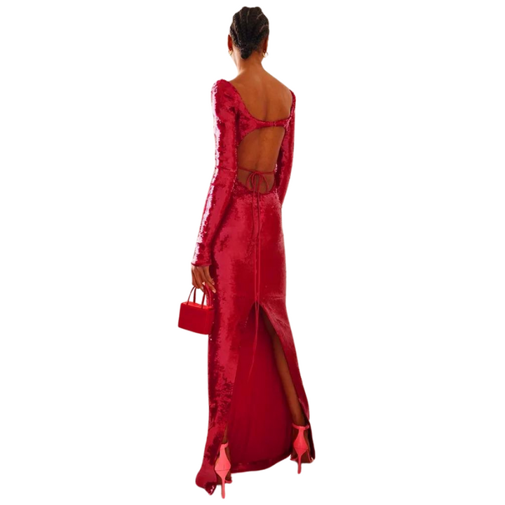 Robe Longue Paillette Rouge Poitrine Ouverte