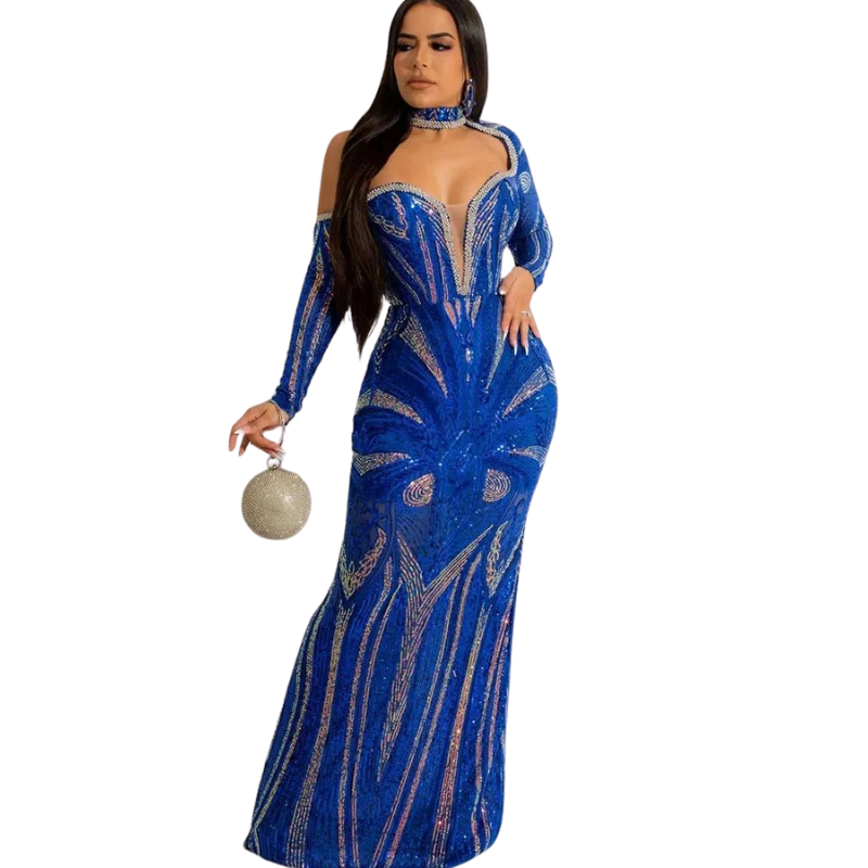Robe Bleu Soirée Strass et Paillette