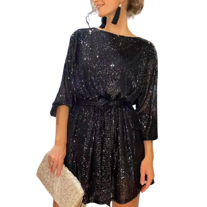 Robe de Soirée Noir à Paillettes  Avec Ceinture