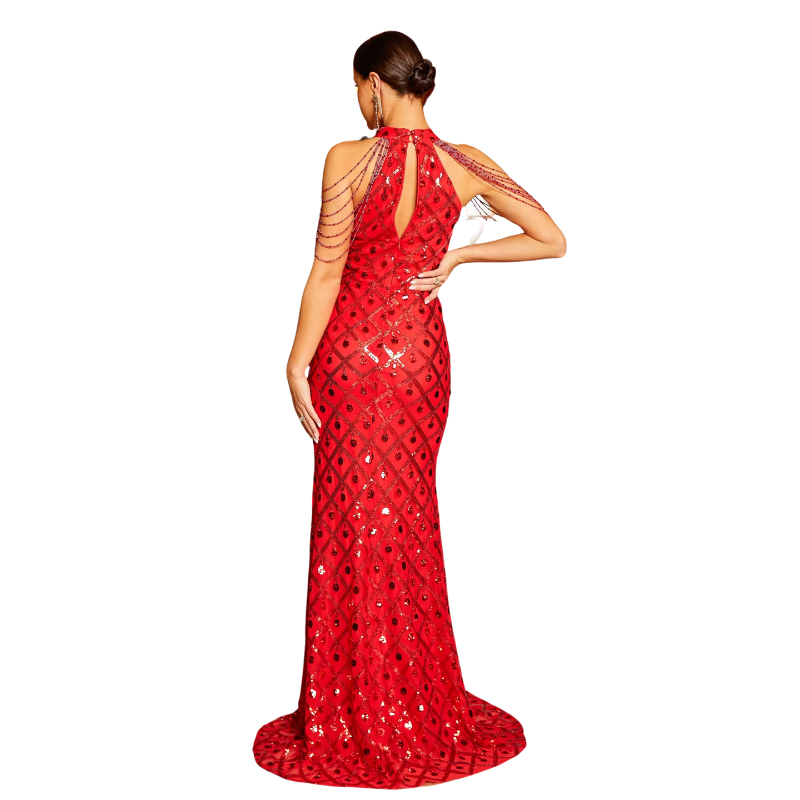 Robe Longue Rouge Paillette Poitrine Ouverte