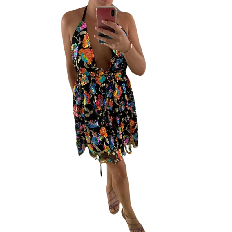 Robe Noir Paillette Fleurs Colorées Dos Nu
