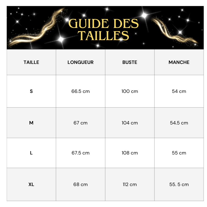 Tableau des tailles Chemise Noir Femme Avec Franges Strass