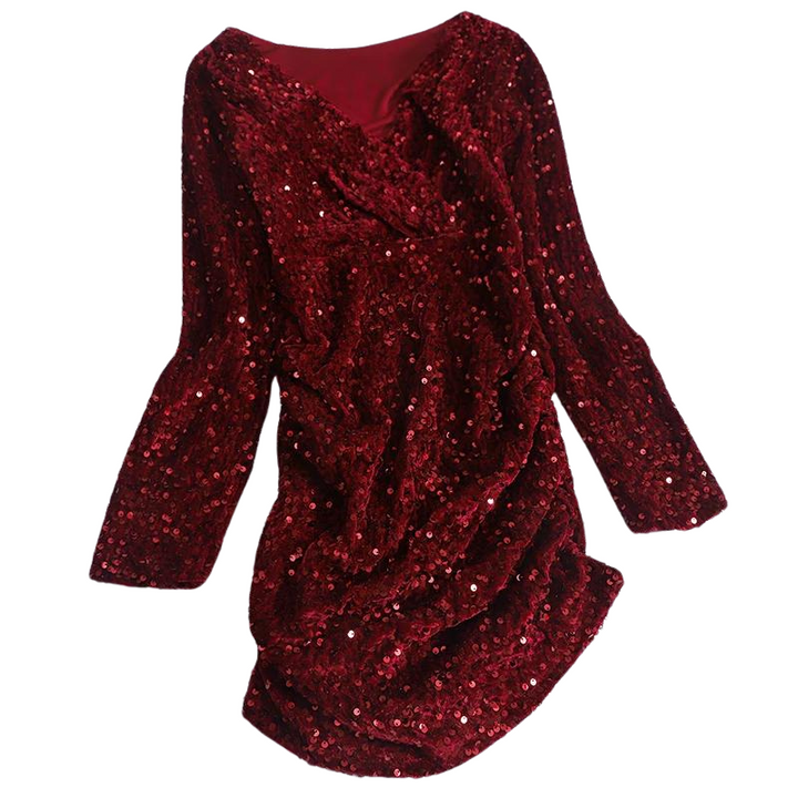 Robe Rouge Paillette Col V Manches Longues