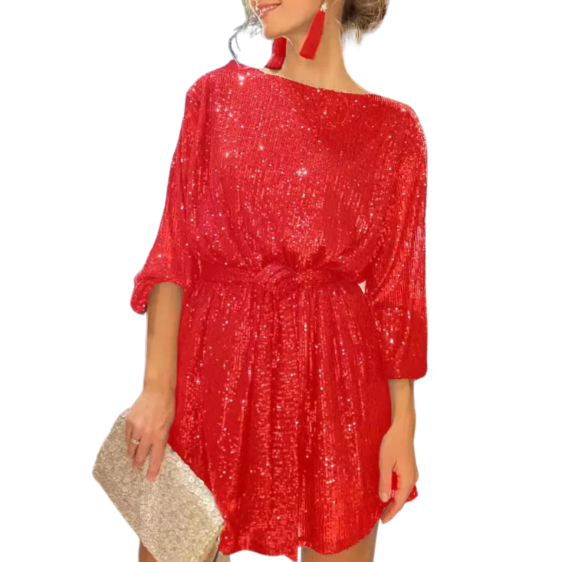 Robe de Soirée Rouge à Paillettes  Avec Ceinture