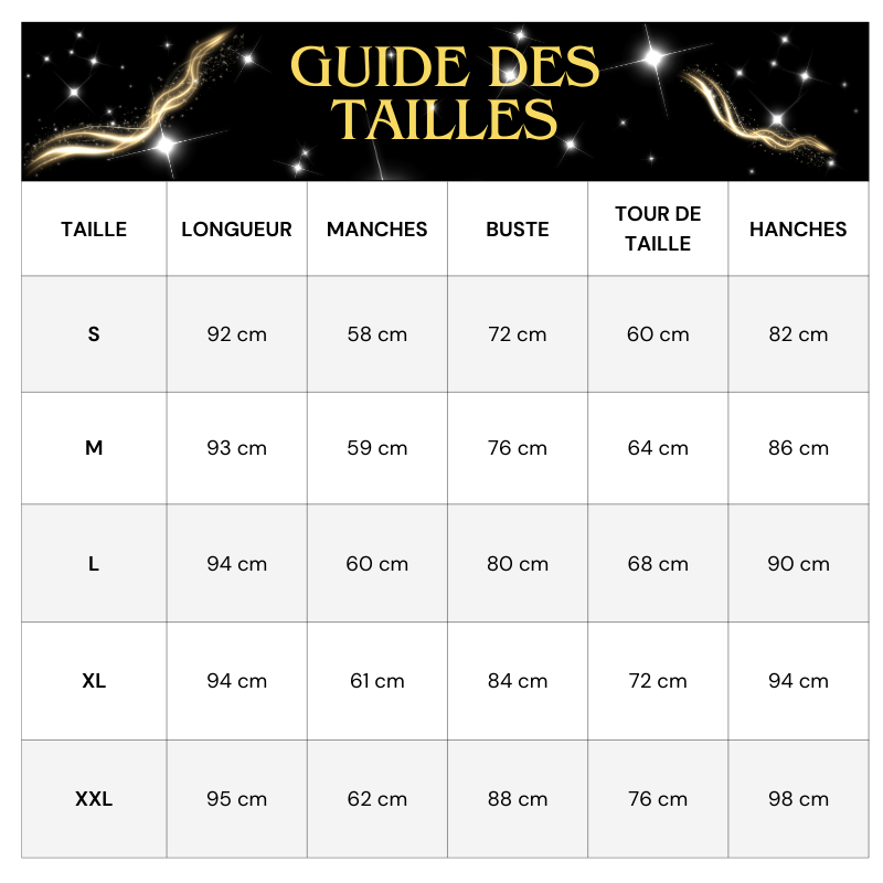 Tableau Tailles Robe de Soirée Strass et Paillette