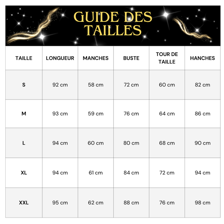 Tableau Tailles Robe de Soirée Strass et Paillette