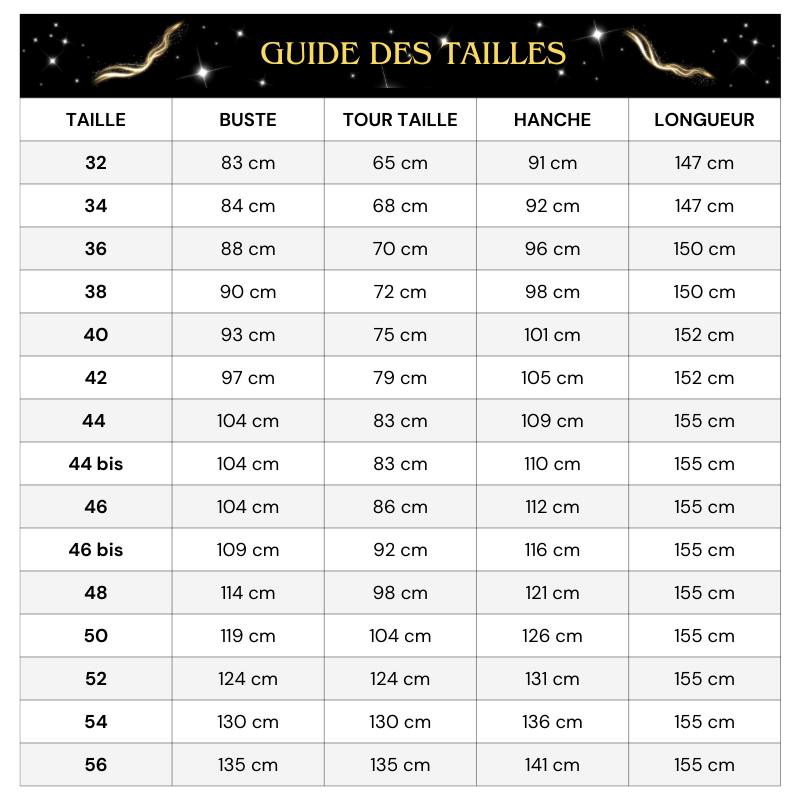 Tableau des tailles Robe de Mariée Princesse Paillette