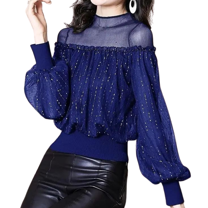 Blouse Paillette Bleu Manches Lanterne bleue