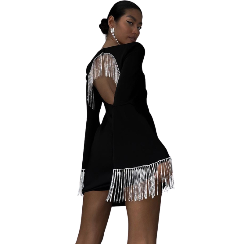 Robe Noir Dos Nu Franges Strass