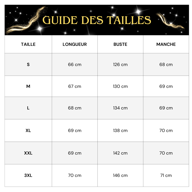 Tableau Tailles Veste Paillette Zippée