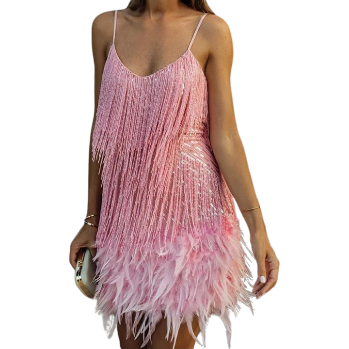 Robe Paillette Franges Plumes Rose 