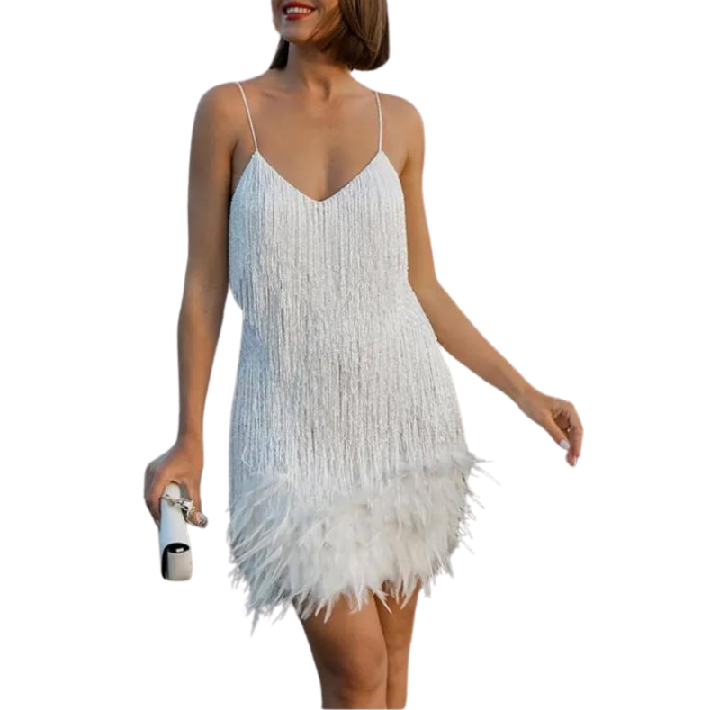 Robe Paillette Franges Plumes Blanc 