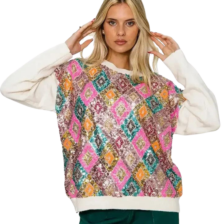 Pull Pailleté Femme Col Rond Multicolore