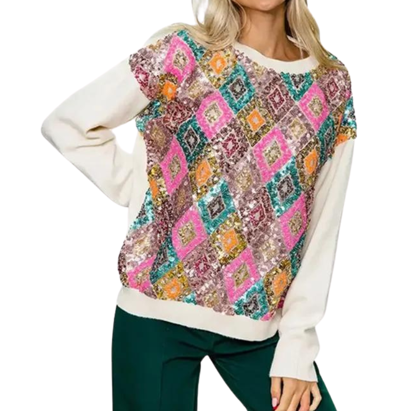 Pull Pailleté Femme Col Rond Multicolore