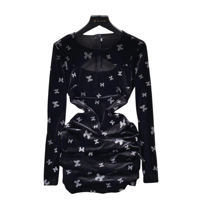 Robe Velours Noir Papillon Paillette