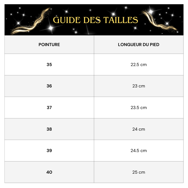 Tableau des tailles Bottines Dorées Femme