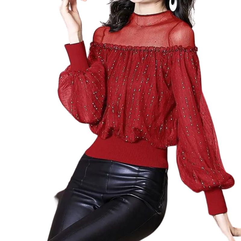 Blouse Paillette Bleu Manches Lanterne rouge