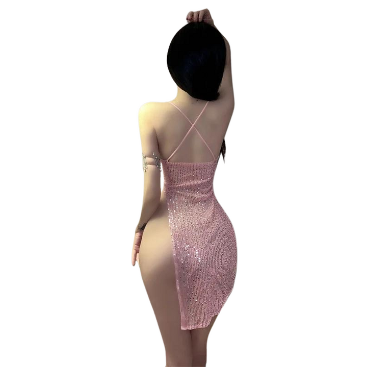 Robe Rose Fendue Sexy Paillette