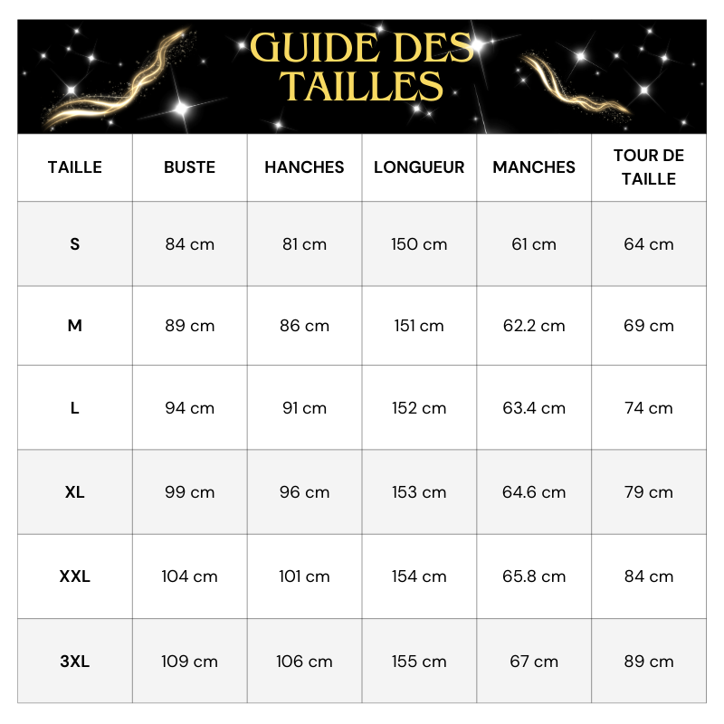 Tableau Tailles Robe Soirée Paillette Longue Fermeture Eclair